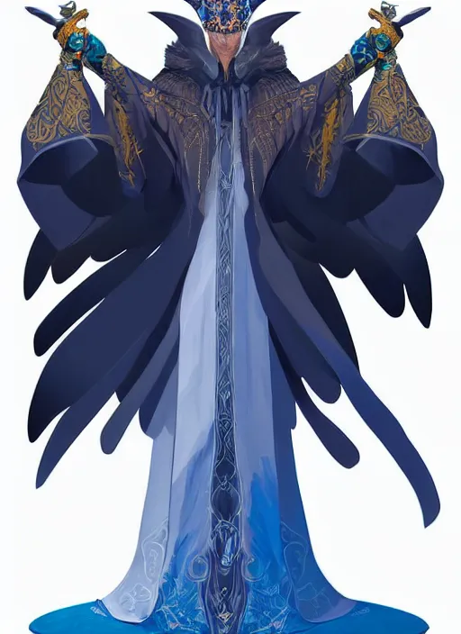 Image similar to hawk and raven headed warlock, wind magic, blue robes, exquisite details, full body character design on a white background, by studio muti