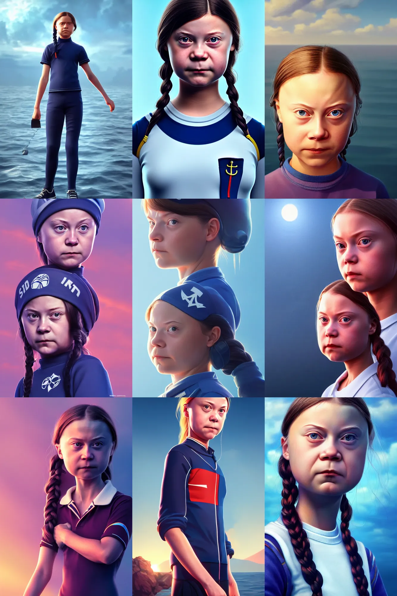 Prompt: Greta Thunberg dressed in tight fitting sailor uniform, hyperrealistic and highly detailed, sharp focus and octane render, 8k, volumetric lighting, digital art by Ilya Kuvshinov and Ross Tran, artstation