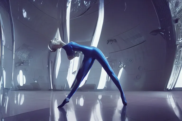 Image similar to vfx movie scene closeup portrait of beautiful blue skin fit alien gorgeous woman dancing in in yoga pants in sleek futuristic decadent spaceship pillars, alien antenna, futuristic ballroom. big eyes, soft skin, giant windows view of earth obit. by emmanuel lubezki