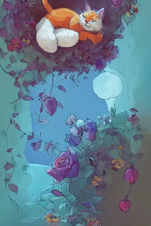 Image similar to a digital art of a cat sleeping in the room with flowers around in the afternoon, the sun shines in, storybook art, watercolor, detailed, cute, by anton fadeev, featured on artstation