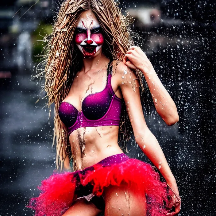 Image similar to fully body pose, photo of a very beautiful!! victoria secret model, clown, wet hair, raining, 8 k, hdr, smooth, sharp focus, high resolution, award - winning photo, trending on artstation, dslr, 5 0 mm