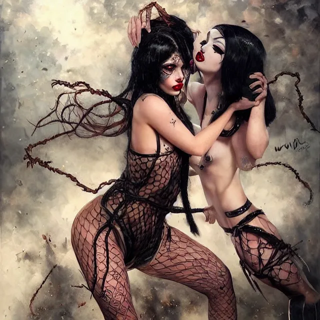 Prompt: two beautiful girls fighting rye chain slavery cosplay with black hair in fully tattooed body and fishnet clothes fully on, beautiful detailed face, white face makeup, big red lips, black eye makeup, art by wlop and karol bak and gennady ulybin and stanley lau and artgem and magali villeneuve