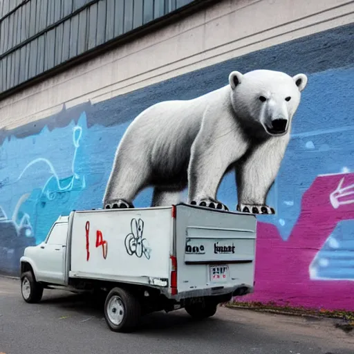 Image similar to a graffiti on a wall showing a polar bear driving a truck on ice