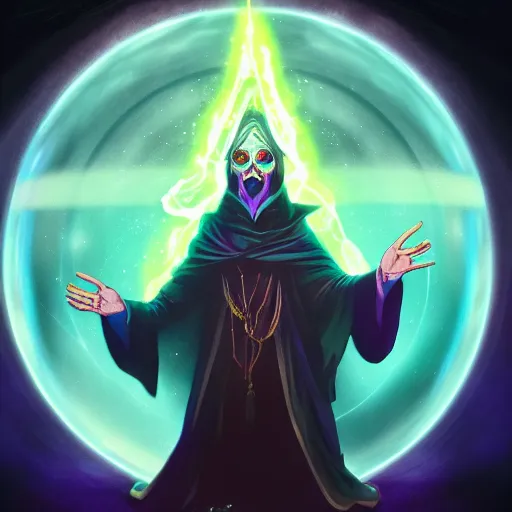 Prompt: a warlock is casting a magic spell, while magic orb is floating in his hand, the magic orb emit a blueish vapour, dynamic pose, chromatic aberration , medium level shot, Mucha style , Grim fantasy, illustration ,concept art,