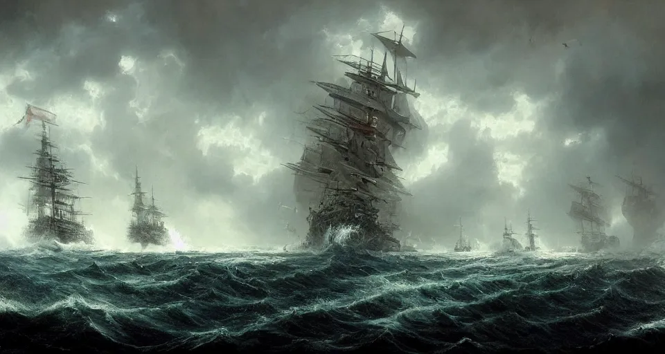 Image similar to enormous sailing battleship, raging sea foggy, dramatic, action scene, stormy background, shipfleet on the horizon, high detail, greg rutkowski, james gurney, gene wolfe, gustave dore, jesper ejsing, rhads, makoto shinkai, ilya kuvshinov