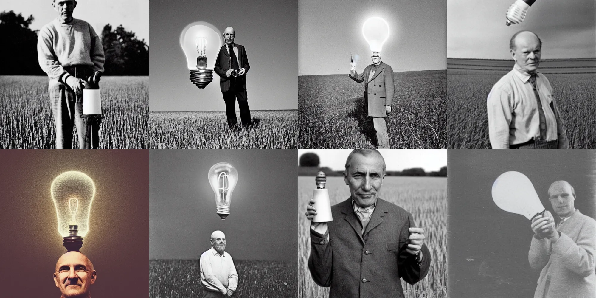 Prompt: An old photograph of a man with a lightbulb for a head standing in a field.