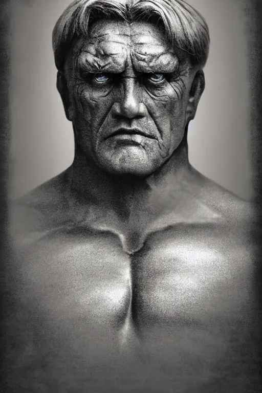 Image similar to he - man, portrait, full body, symmetrical features, silver iodide, 1 8 8 0 photograph, sepia tone, aged paper, sergio leone, master prime lenses, cinematic