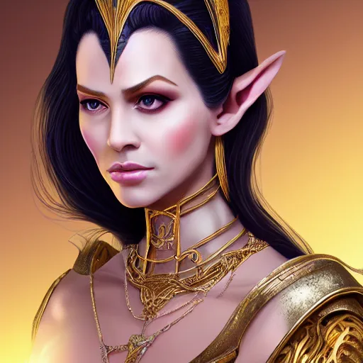 Prompt: side portrait of elven royalty, princess, queen, fantasy, black hair, gold armour, gold jewelry, white skin, detailed face, trending on artstation, gsociety, D&D, elegant, highly detailed, hyperrealistic, realistic eyes, detailed illustration, smooth, sharp focus, upper body, intricate, rule of thirds, holy glow, backlit, hd 4k by Greg Rutkowski, Alphonse Mucha, Ayami Kojima, Charlie Bowater, Kentaro Miura, Karol Bak