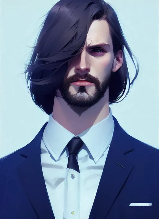 Prompt: a man in his twenties, handsome, long hair, suit ， perfect face, symmetric eyes, sharp focus, specular reflection, occlusion shadow, artstation, by ilya kuvshinov and jeremy lipking, light novel cover art, 3 d epic illustrations, symmetric body