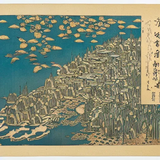 Image similar to 3d isometric botanical illustration of a small city in an island surrounded by water, diego rivera in Ukiyo-e style, HD