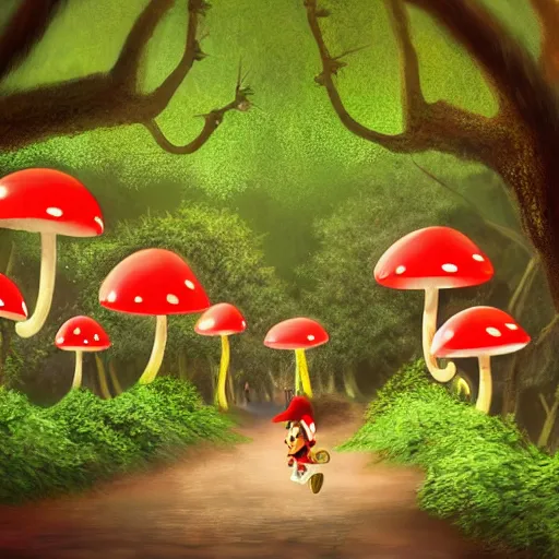 Image similar to a magical forest of giant red and white spotted mushroom, exotic foliage, Mario walking along path, mushroom kingdom theme, piranha plants hanging from vines, artstation, matte painting, colorful, beautiful, cinematic lighting