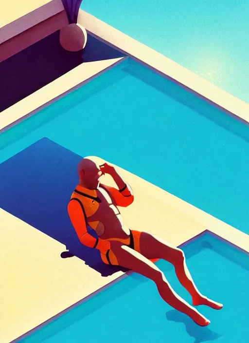 Image similar to an astronaut sunbathing by a pool, isometric, complimentary colors, perfect lighting, aesthetic, masterpiece, award winning, perfect composition, artstation, 4 k, darek zabrocki, greg rutkowski, artgerm