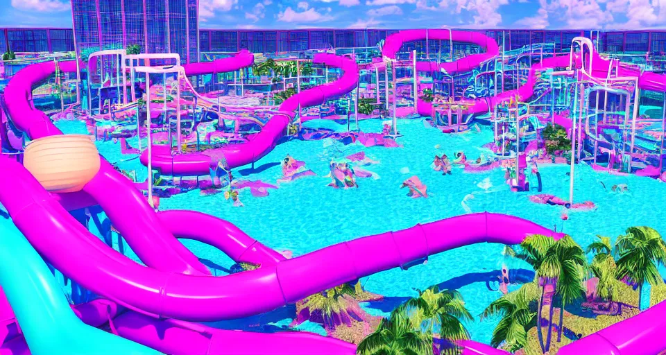 Image similar to 80s vaporwave outrun 3d Render of a water park, liminal space retro, grainy, noisy