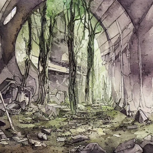 Image similar to a watercolor ink painting of the abandoned and overgrown tunnels of an post-apocalyptic arcology