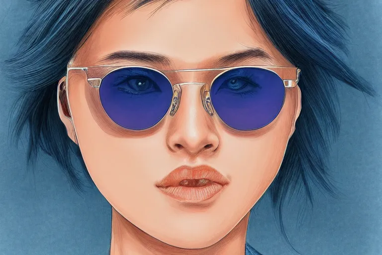 Prompt: 8k UHD, high detailed, Digital drawing, Randy Bishop art style : (subject = girl wearing Ray bans shades, photo realistic, high symmetry + subject detail= beautiful, Asian, blue hair, high detailed, symmetric facial features)