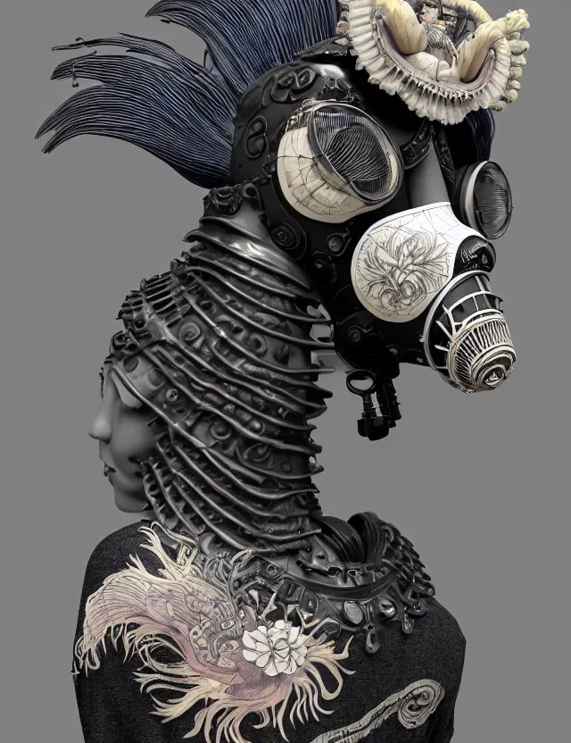 Image similar to 3 d goddess close - up profile punk portrait with vintage gas mask ram skull. beautiful intricately detailed japanese crow kitsune mask and clasical japanese kimono. betta fish, jellyfish phoenix, bio luminescent, plasma, ice, water, wind, creature, artwork by tooth wu and wlop and beeple and greg rutkowski