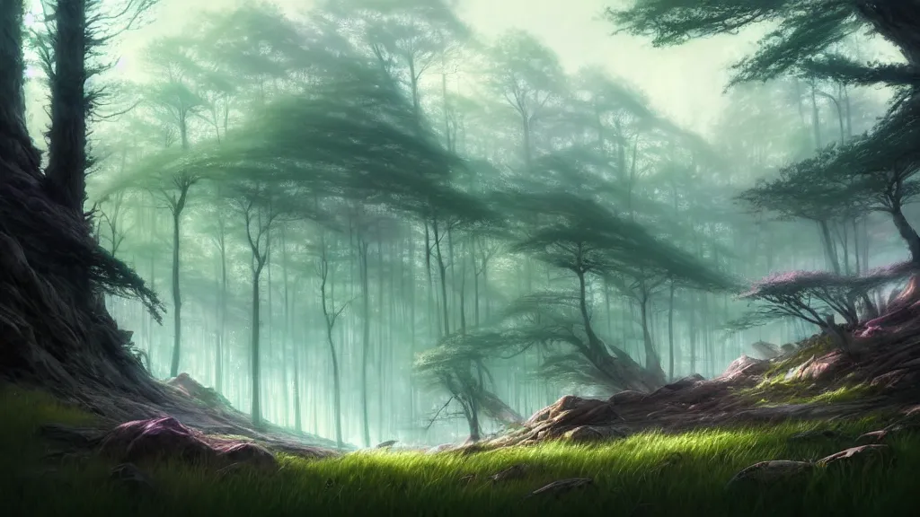 Image similar to forest clearing landscape, pastel color tones, fantasy, elegant, highly detailed, digital painting, artstation, concept art, smooth, sharp focus, illustration, wide angle, artbook, splash art, promo art, soul calibur, league of legends, art by artgerm and greg rutkowski and bo chen and jin xiaodi