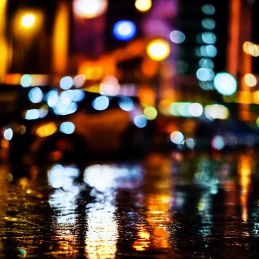 Prompt: zoomed in iphone photo rainy night in the city, reflections, astronaut