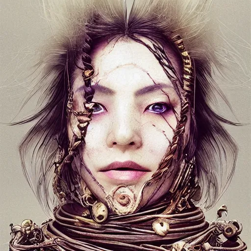 Image similar to portrait of a Shibari rope wrapped face and neck, headshot, insanely nice professional hair style, dramatic hair color, digital painting, of a old 15th century, old cyborg merchant, amber jewels, baroque, ornate clothing, scifi, realistic, hyperdetailed, chiaroscuro, concept art, art by Franz Hals and Jon Foster and Ayami Kojima and Amano and Karol Bak,