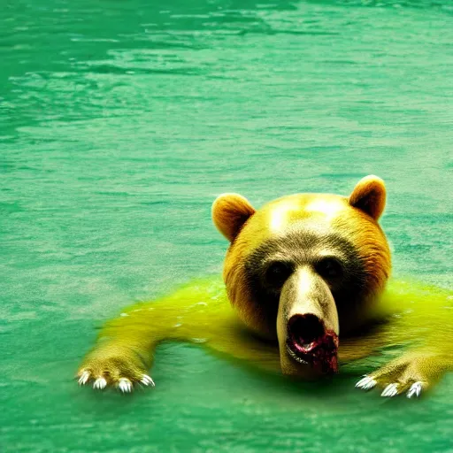 Image similar to zombie bear swimming in a toxic green pool of liquid, photo image by national geographic + realistic horror