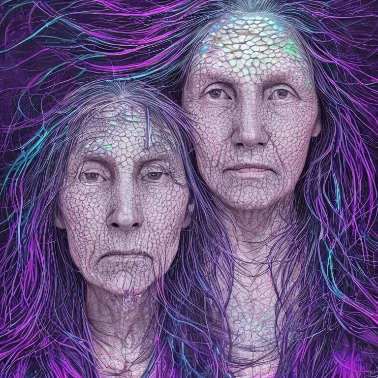 Image similar to dark underwater portrait of one bioluminescent old woman, with cracked reaction diffusion transparent skin. multicolored fish scales, face closeup. long intricate dark hair. good face proportions. with many jellyfishes. very high detail, illustration, by alex grey and ilya kuvshinov