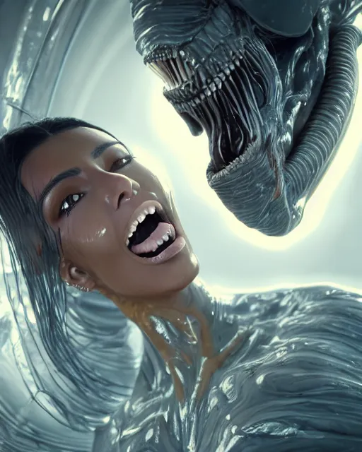 Image similar to film still of kim kardashian being mouth fed by an xenomorph slathered in a transparent alien liquid, wet flowing hair, gooey skin, illustration, unreal engine 5, 8 k, directed by h. r. giger.