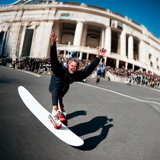 Image similar to fisheye lens image of the pope riding a skateboard