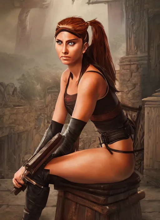 Image similar to An epic fantasy comic book style portrait painting of a tan woman with black hair in a pony tail and serious eyes sitting on a large chair, unreal 5, DAZ, hyperrealistic, octane render, cosplay, RPG portrait, dynamic lighting