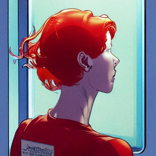 Prompt: a beautiful comic book illustration of a red-headed woman with white shirt and jeans looking through a glass panel machine by Jerome Opeña, featured on artstation