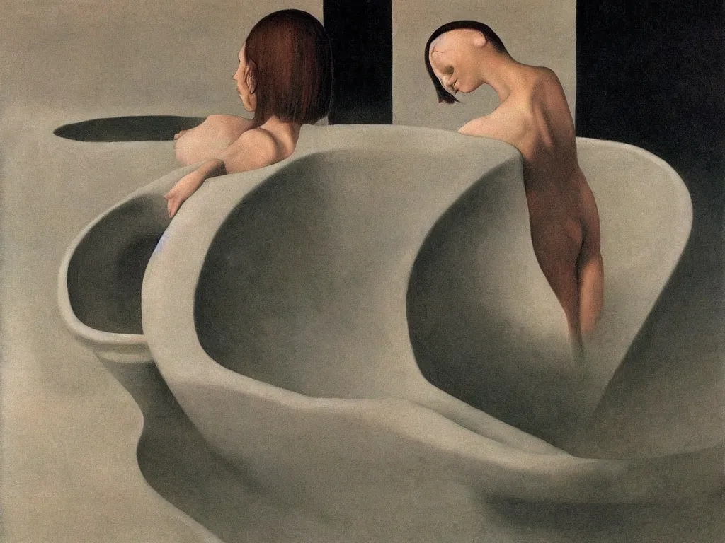 Image similar to Woman taking a bath alone in a strange, giant ceramic basin sculpted by Henri Moore. Alien, icy, melancholic landscape with comet. Painting by Alex Colville, Balthus, Beksinski