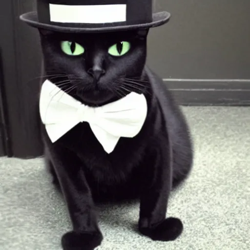 Prompt: a black cat with a top hat and a tuxedo