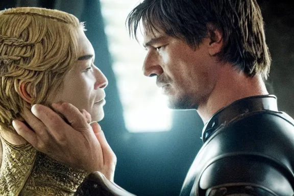 Image similar to very very intricate photorealistic photo of jaime lannister killing cersei, photo is in focus with detailed atmospheric lighting, award - winning details