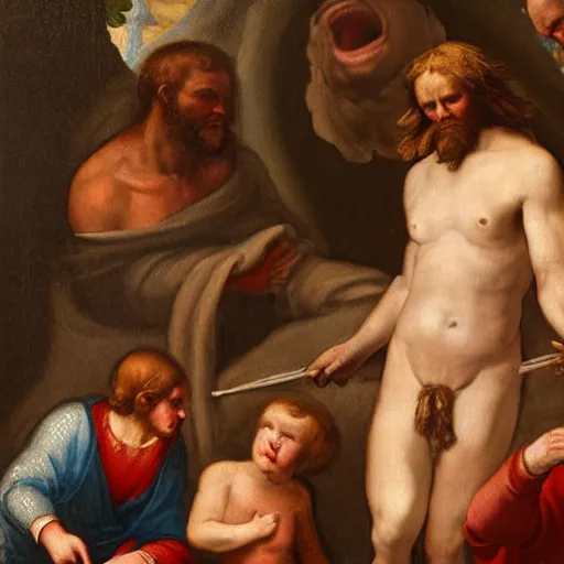 Prompt: renaissance painting of the cyclops-giant Polyphemus emerging from his cave