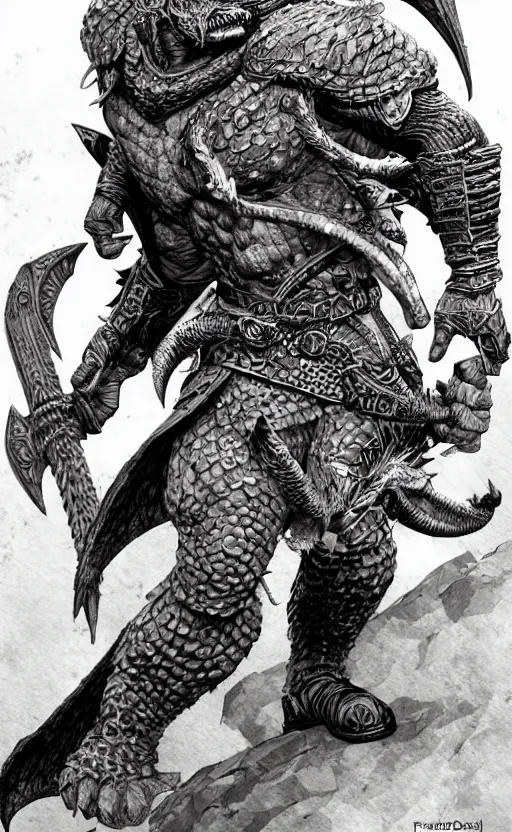 Prompt: dragonborn barbarian, intricate, beautiful, highly detailed, elegant, artstation, concept art, smooth and sharp focus, illustration, painting by frank quietly, geoff darrow, jim lee