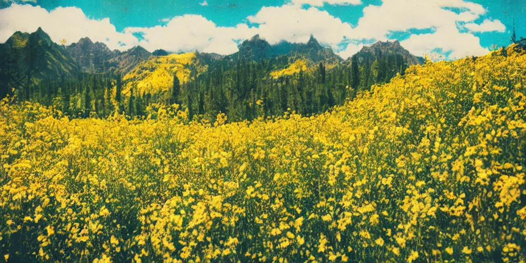 Image similar to colorful polaroid photograph of a valley full of yellow flowers, super detailed, panoramic photo