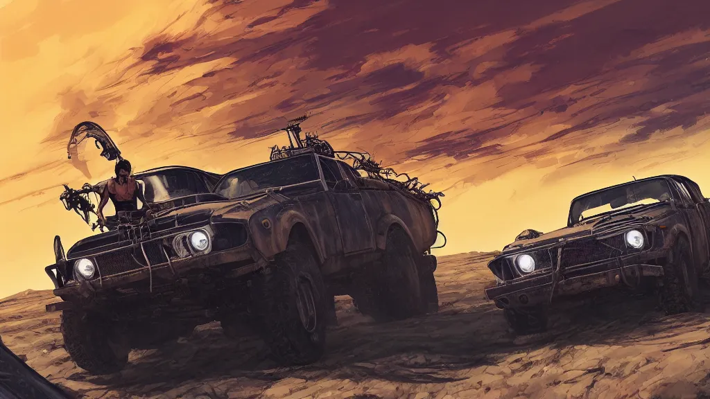 Image similar to digital illustration of mad max's fj 4 0 pursuit special riding fury road eternal shiny and chrome, the last v 8 interceptor driving down to the gates of valhalla highway in the middle of the day, anime style, year 2 0 9 3, by makoto shinkai, ilya kuvshinov, lois van baarle, rossdraws, basquiat