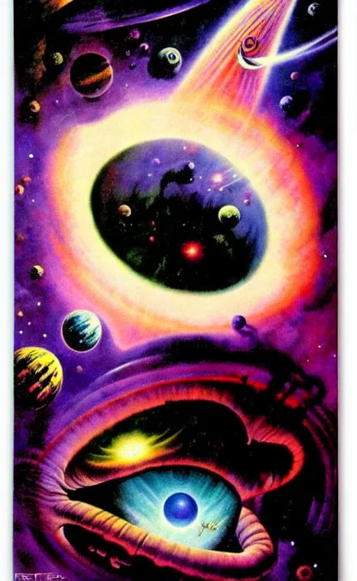 Image similar to trippy psychedelic cosmic eyes in outer space illustration by frank frazetta