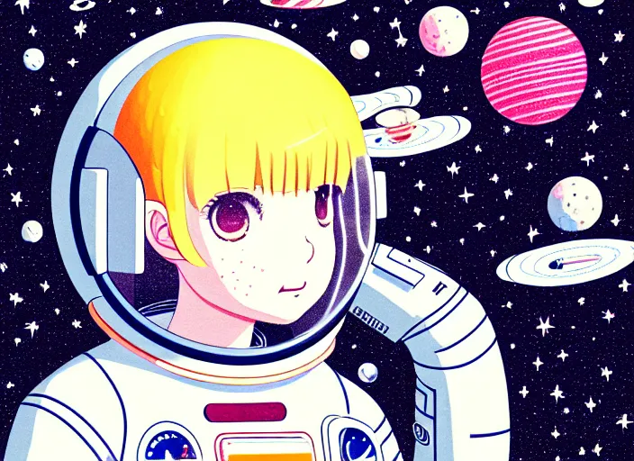 Image similar to portrait of a young astronaut girl floating inside a spacestation,ink stippling, Karolis Strautniekas,omoide emanon, tsuruta kenji, murata range,kawaii, kyoto animation, manga, intricate, detailed, studio lighting, gradation,editorial illustration, matte print, Ilya Kuvshinov