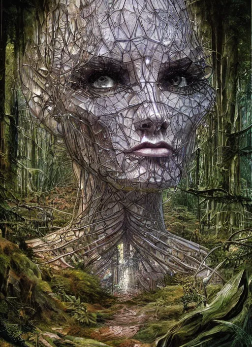 Prompt: a crystal cube in a forest, highly detailed, intricate, concept art, art station, cinematic light, realistic, ethereal light, art by H.R. Giger and sorayama