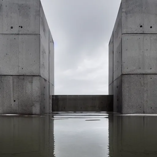 Image similar to flooded concrete structure, surreal architecture, meglaphobia, angled walls, liminal, minimalist architecture,