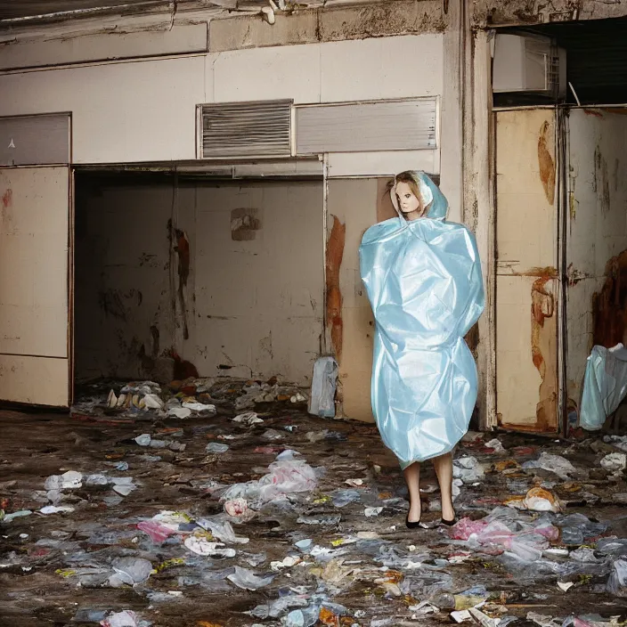 Image similar to a color photograph, closeup portrait of a woman wrapped in plastic, standing in an abandoned grocery store, color photograph, by vincent desiderio, canon eos c 3 0 0, ƒ 1. 8, 3 5 mm, 8 k, medium - format print