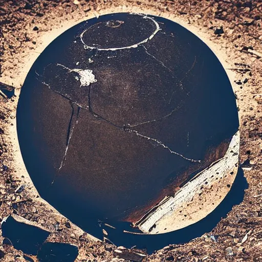 Prompt: A giant shiny black sphere, crashed in the ground, cracks, gas fire, viewed from the side, hd photograph