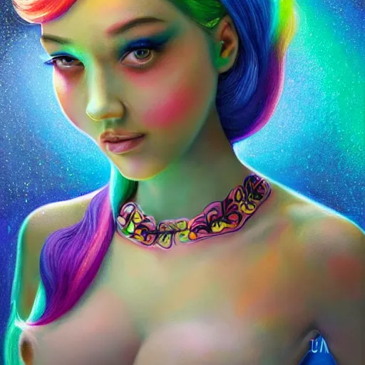 Prompt: intelligent young women with rainbow hair looking at the camera, she has a beautiful unconventional face, she is surrounded by an explosion of flowers intricate, elegant, highly detailed, digital painting, artstation, concept art, pop, smooth, sharp focus, illustration, art by mark ryden 3 d 8 k ultra detailed