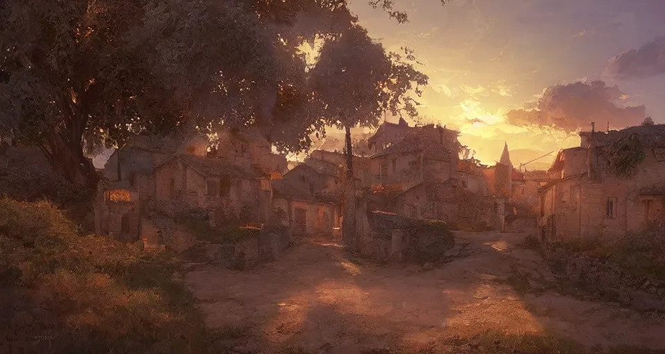 Image similar to craig mullins and ghibli digital art, village of lourmarin at sunset unreal engine, hyper realism, realistic shading, cinematic composition, realistic render, octane render, detailed textures, photorealistic, wide shot