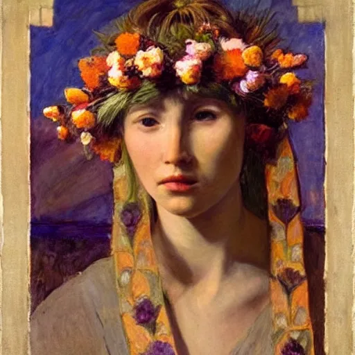 Prompt: the flower crown, by Annie Swynnerton and Nicholas Roerich, elaborate costume, flowers, rich color, dramatic cinematic lighting, smooth, sharp focus, extremely detailed