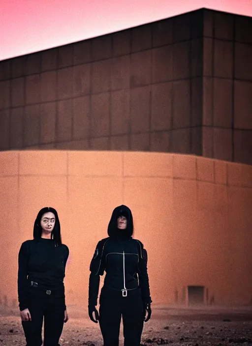 Image similar to cinestill 5 0 d photographic portrait of two loving female androids wearing rugged black techwear on a desolate plain with a red sky, extreme closeup, lizard on ground, cyberpunk style, in front of a brutalist dark metal facility, dust storm, 8 k, hd, high resolution, 3 5 mm, f / 3 2, ultra realistic faces