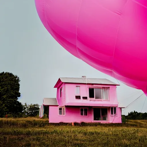 Image similar to dream a 5 0 mm lens photograph of a cute pink floating modern house, floating in the air between clouds, inspired by the movie up, held up from above by heart ballons. mist, playful composition canon, nikon, award winning, photo of the year