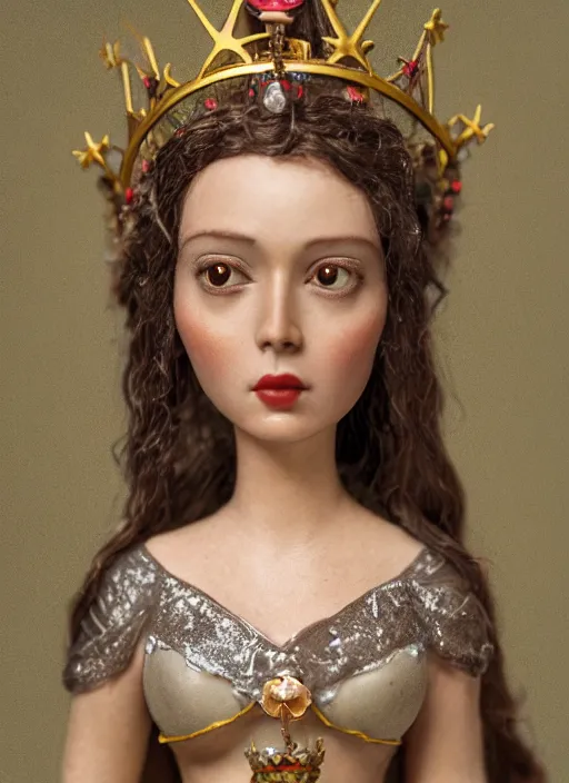Image similar to closeup face profile portrait of tin toy joan of arc as a fairytale princess wearing a crown eating cakes, bikini, depth of field, zeiss lens, detailed, symmetrical, centered, fashion photoshoot, by nicoletta ceccoli, mark ryden, lostfish, breathtaking, 8 k resolution, extremely detailed, beautiful, establishing shot, artistic, hyperrealistic, octane render