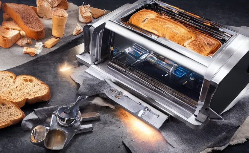 Image similar to a time-traveling delorean styled toaster with toast, bread inserted into slot, glowing heating coils, stainless steel, professional product shot, magazine ad