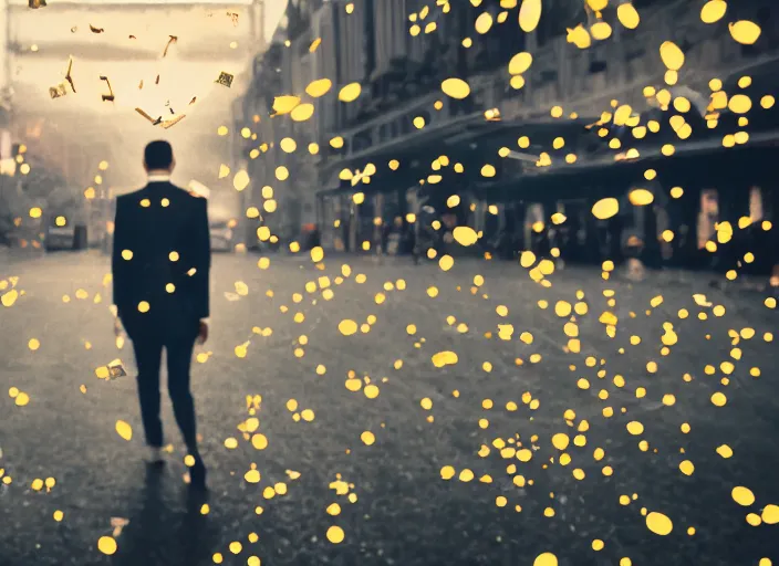 Prompt: a 3 5 mm photo from the back of a man walking through money falling from the sky, splash art, movie still, bokeh, canon 5 0 mm, cinematic lighting, dramatic, film, photography, golden hour, depth of field, award - winning, anamorphic lens flare, 8 k, hyper detailed, 3 5 mm film grain